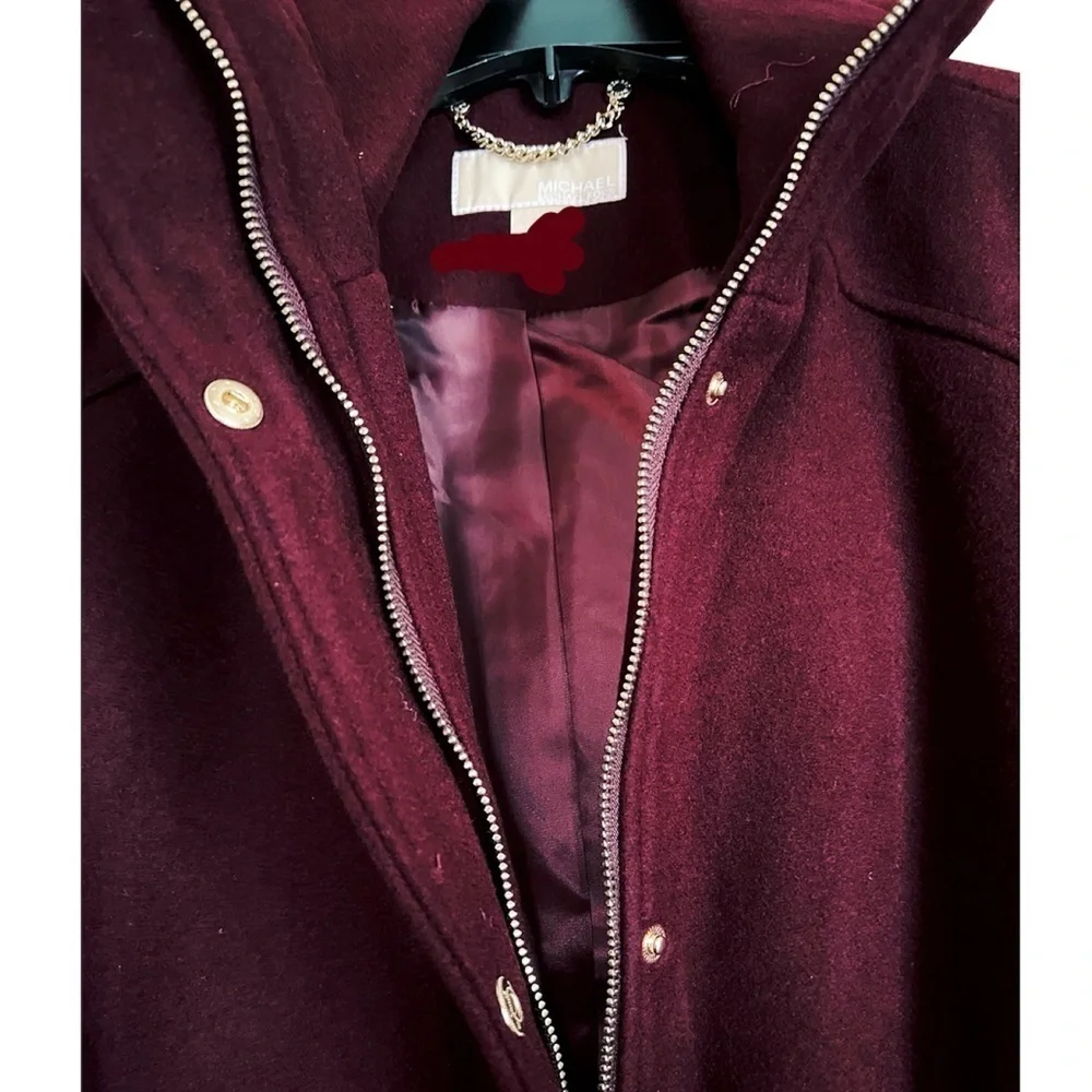 Michael Kors Womens Red Wine Full Zip Snap Belted Wool Blend Pea Coat Sz M New